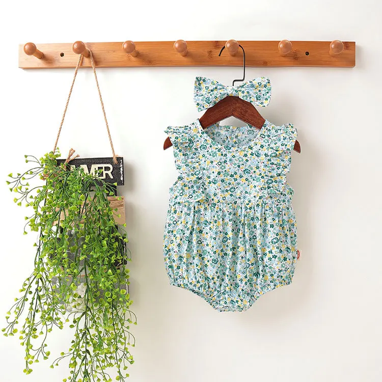 

2023 Baby Summer Clothes For Girls Newborn Flower Bodysuits 2pcs Flying Sleeve Clothing For Kids Spring Green Baby Twin Infants