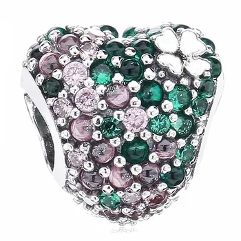 

New 925 Sterling Silver Bead Charm Lucky Four-leaf Clover Heart With Crystal Beads Fit Pandora Bracelet Bangle Diy Jewelry
