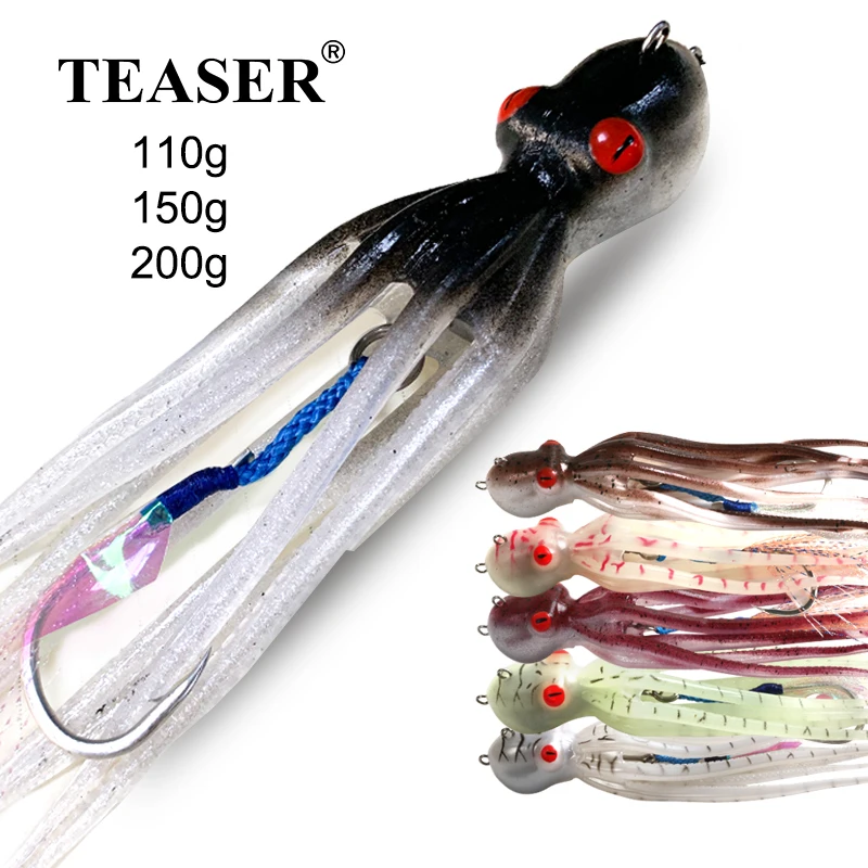 

TEASER 110g 150g 200g Single Assist Hooks UV Glow Light Octopus Squid Soft Wobbler Jigging Lure Deepsea Fishing Tackle 6 Colors