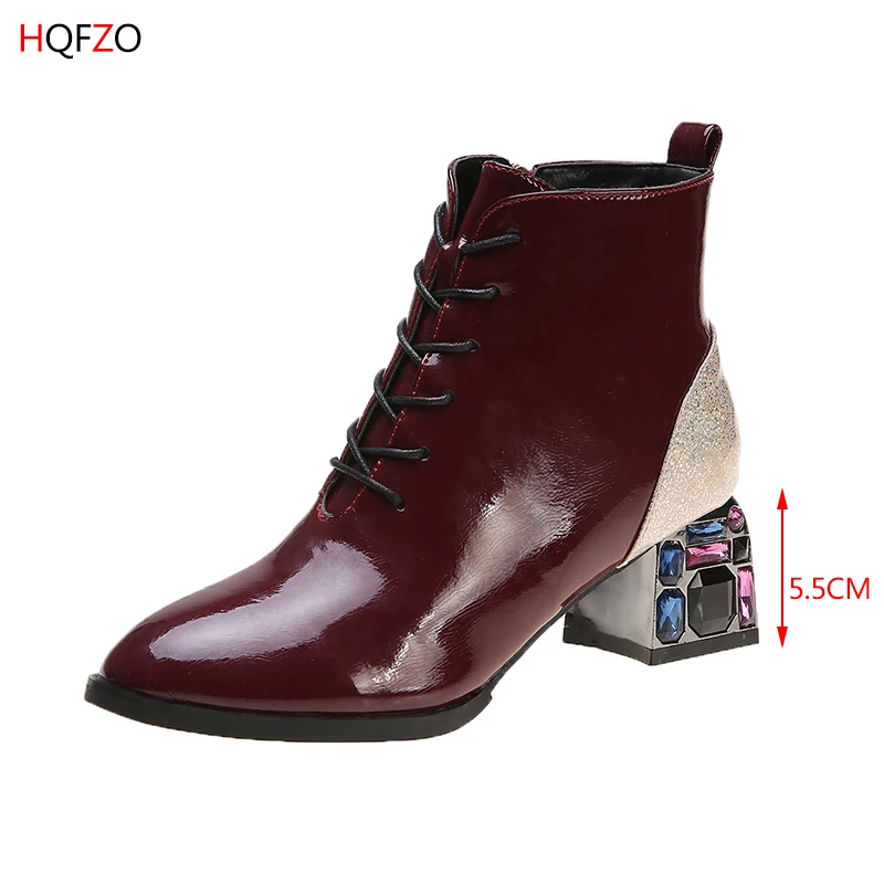 

HOFZO Pointed Toe Fashion PU Leather Autumn Zip Ankle Boots High Heels Bling Booties Platform Cross-tied Women Shoes