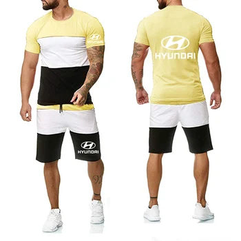 

New Brand Mens Trend Short Sleeve Modern Car Logo Printing Cotton Fiber British Style Men T-shirt + Shorts Suit Man Sportswear