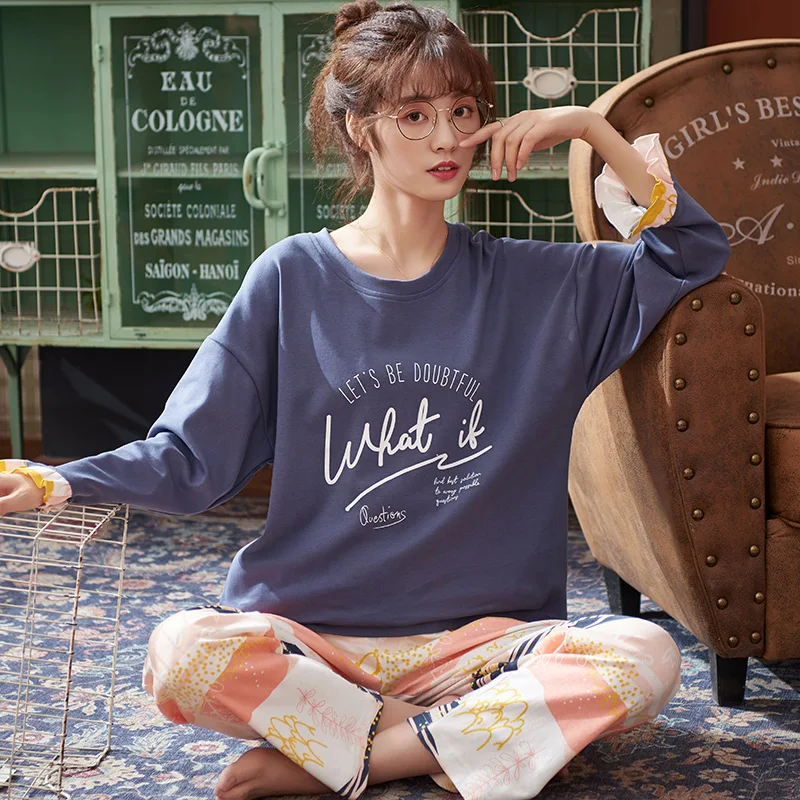 M L XL XXL XXXL 4XL Для женщин Хлопковая пижама комплект с принтом для девочек, пижамный комплект, пижама с длинными рукавами костюм Для женщин наборы пижам осень-зима