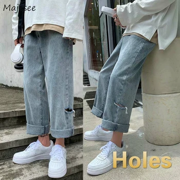 

Men Jeans Holes Ankle-length Leisure Washed Chic Streetwear All-match Denim Mens Wide Leg Trousers Students Solid Harajuku Teens