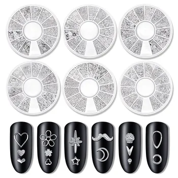 

1Box Of 12Kind 3D Hollow Nail Metal Frame Oval Star Shell Studs DIY Decorations Nails Silver Manicure Nail Ornament Jewelr