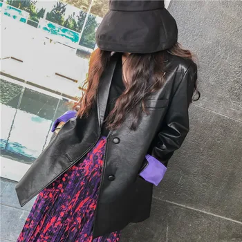

TVVOVVIN 2020 Autumn New Korean Suit Female Long Section Loose Lapel Single-breasted Solid Color Pu Leather Jacket 19B-a571