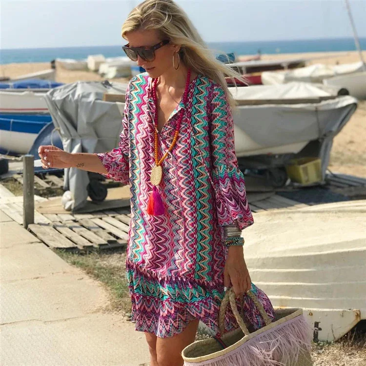 

Tunics For The Beach Pareo Mesh Cover Up Swimsuit Women Dresses Capes On Cape 2020 New Easy Leisure Zigzag Print Neck Dress