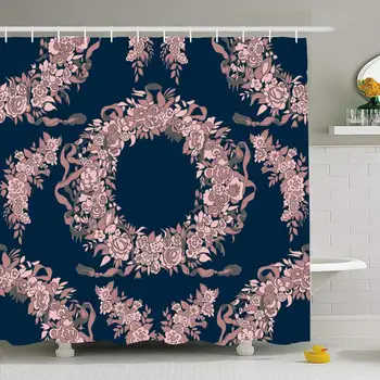 

Shower Curtain Set with Hooks 72x78 Blue Garlands Line Flowers Branch Flower Brush Tassel Dusty Textiles Wrapping Abstract