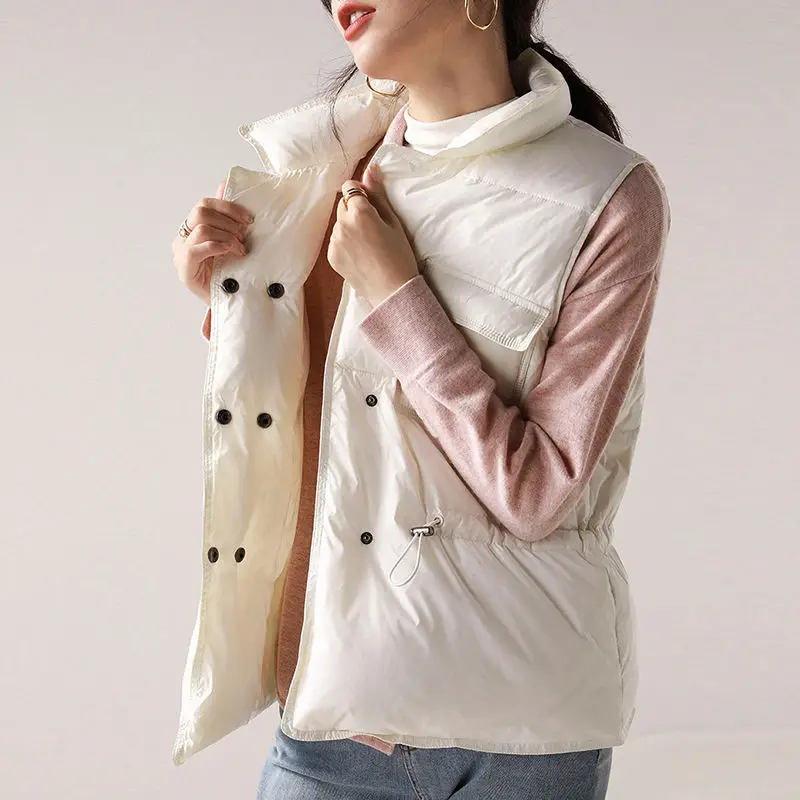 

Korean Style down Vest Women's Short Style Waist Hugging Stand Collar Jacket 90 White Duck down Drawstring Pocket Vest Waistcoat