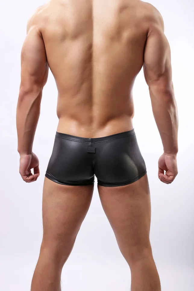 Men PU Leather Underwear Boxer-shorts U Convex Pouch Underpants Fashion Male Panties Underwear Classical Plaid Shorts