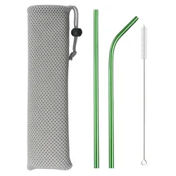 Premium Colorful Stainless Steel Straw Set with Cleaning Brush and Carry Bag (4pcs green)