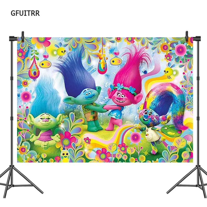 

GFUITRR Trolls Photography Backdrop Kids Birthday Baby Shower Photo Background Vinyl Photo Booth Props