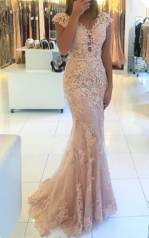 modest prom dresses Champagne Elegant V-Neckline Cap Sleeve Lace Tulle Mermaid Evening Gown Floor Length vestido de fiesta 2021 New Long Prom Dress satin prom dress