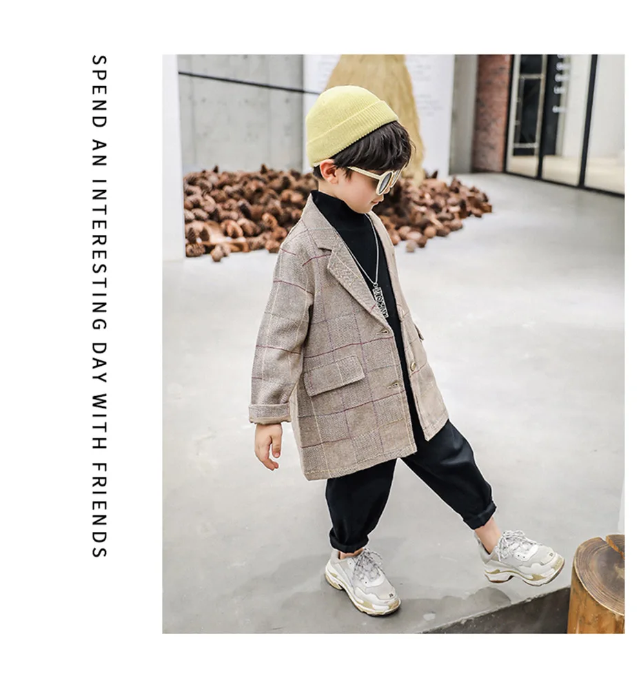 Boys Coat Long Plaid Boy Outerwear Single Breasted Boys Blazer Autumn Winter Casual Children's Clothing For Boy Streetwear