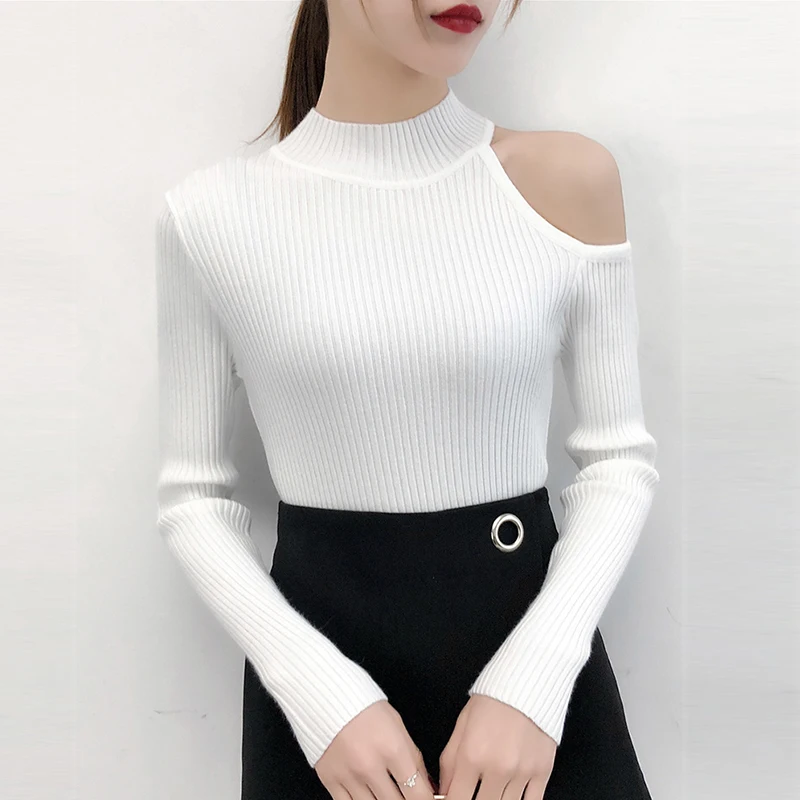 

Knitted Sweater Off Shoulder Tops for Women 2019 Slim Autumn Winter Sweaters Pullovers Long Sleeve Turtleneck Sexy Clothing