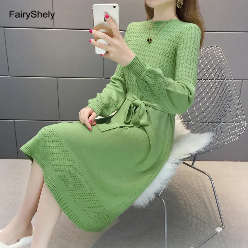 Fairyshely, женское платье-свитер, Осень-зима, с длинным рукавом, теплое платье, элегантное, трапециевидный пояс, вязаный пуловер, платья для женщин - Цвет: Green Dress