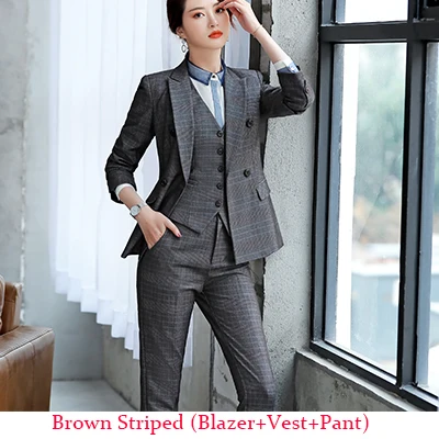 Brown Pant Suits 3 Женский Деловой брючный костюм, модный OL темпераментный клетчатый костюм, деловой костюм для леди, жилет, Блейзер, тонкие брюки, комплект из 3 предметов - Цвет: Brown Pant Suits 3