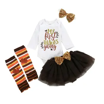 

Thanksgiving Baby Girl Bodysuit White Tops + Tutu Mesh Skirt + Leg Warmers+ Headband Outfit 3PCS Set Kids Warm Winter Clothes