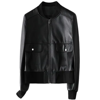 

Size M-2XL Baseball Style 100% Sheepskin Jacket 2020 New Fashion Genuine Leather Biker Short Coat For Women Female