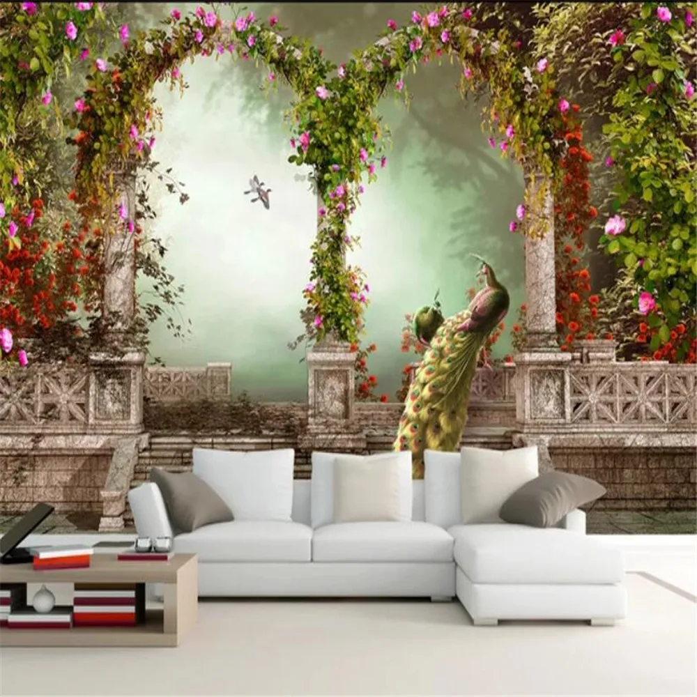 Milofi European pastoral peacock Roman column bedroom living room TV sofa background wall paper mural | Обустройство дома