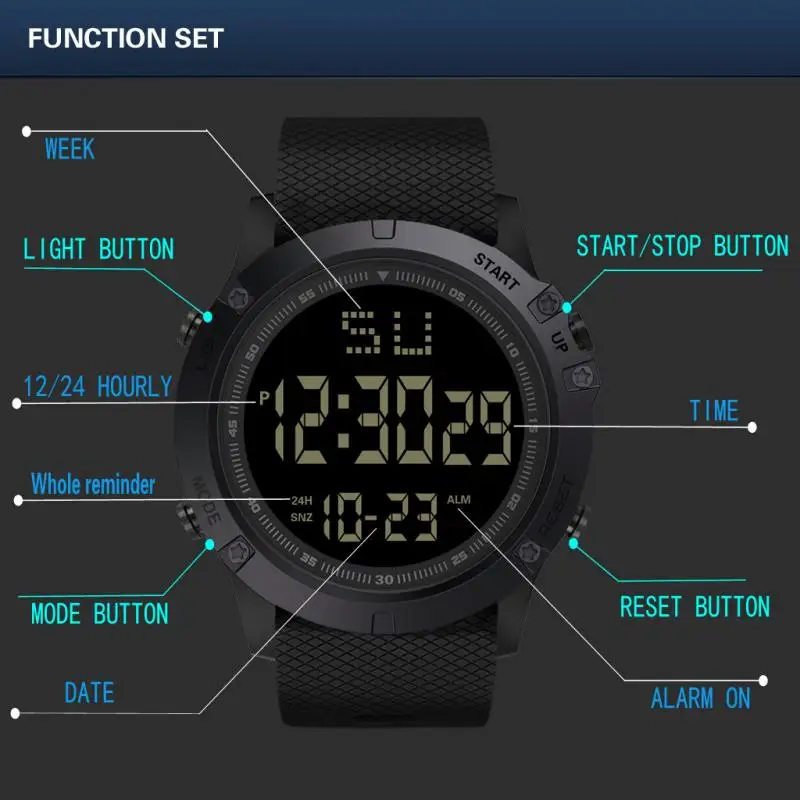 HONHX Fashion Outdoor Sport Waterproof Watch Men Multifunction Digital  Stopwatch Men Military Wristwatch LED Digital