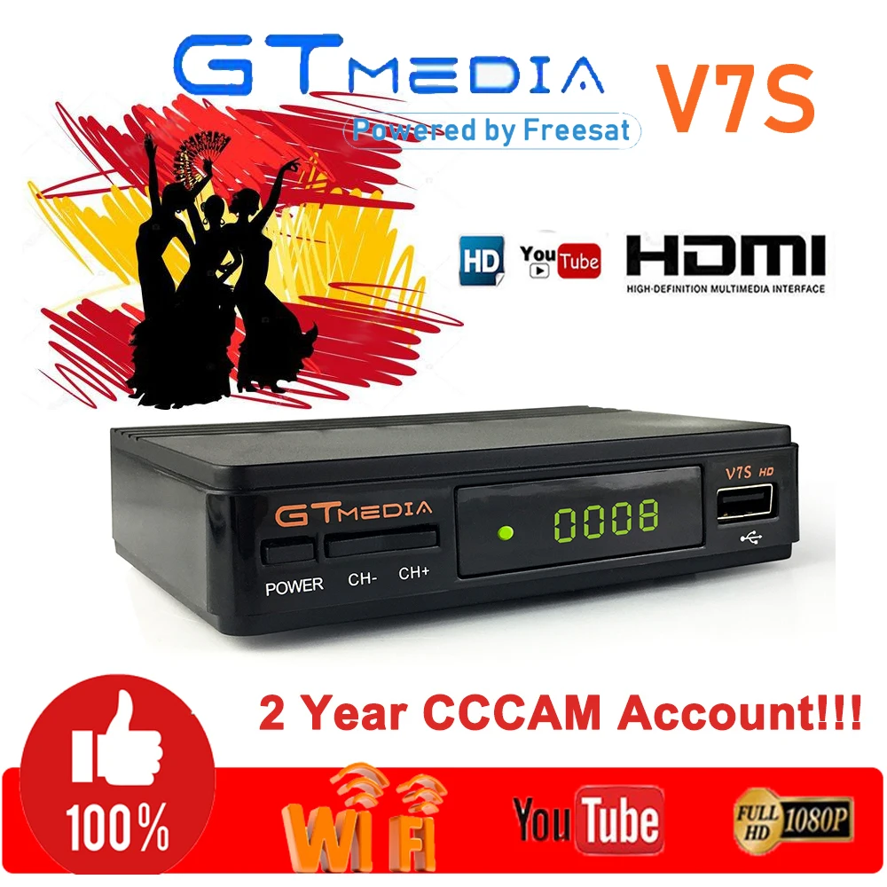 GTmedia V7s HD спутниковый ресивер DVB-S2 цифровой спутниковый ТВ рецептор Freesat V7 HD 1080P с USB WiFi 1 год Европа Линии