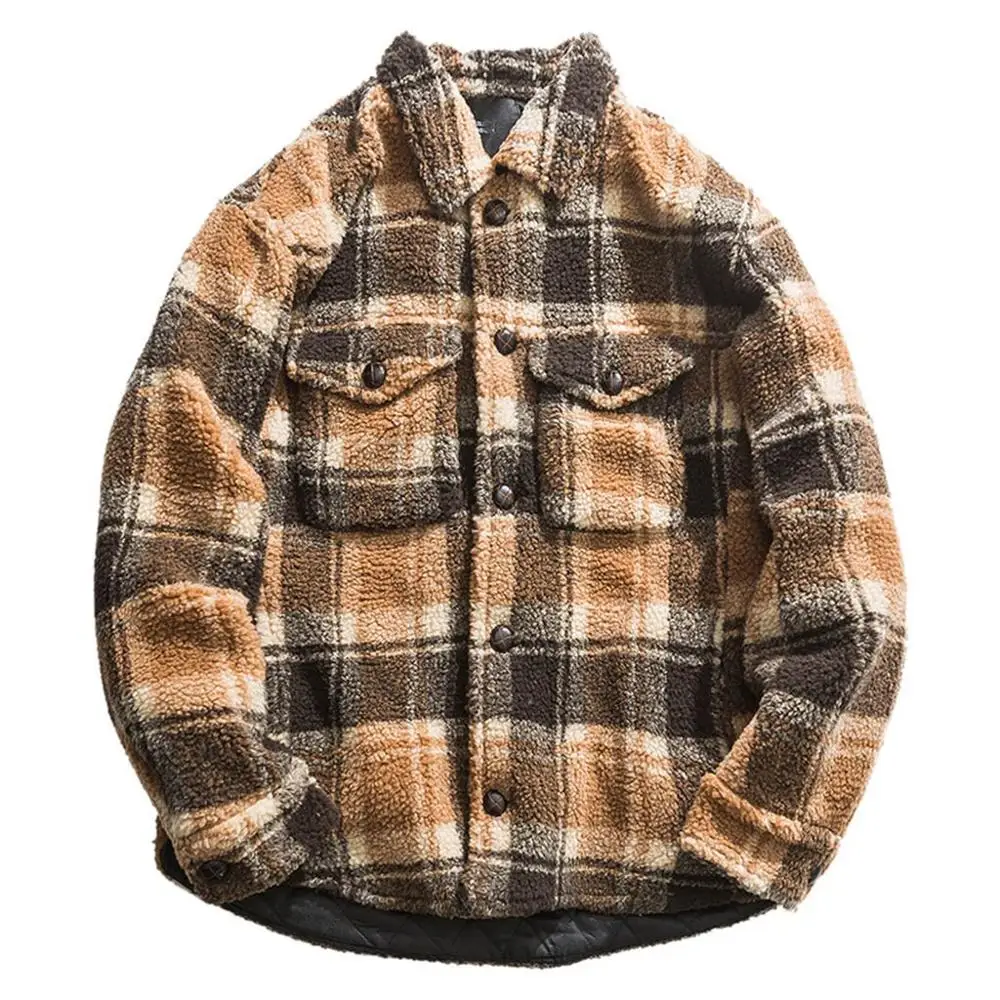 

Men's Casual Plush Plaid warm Jacket man New Fashion Winter Pocket Long Sleeve Jacket Outwear Coat japanese streetwear Coffee
