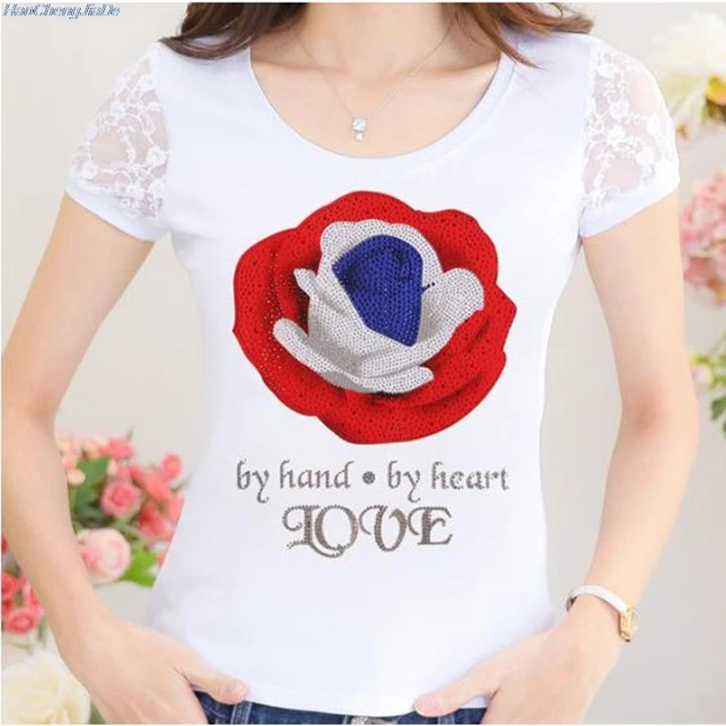 Camisetas Mujer летние Стразы футболка Для женщин кружева короткий рукав леди, поставленные зоводами непосредственно Для женщин s футболка Женские ромбовидные Топы