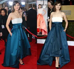 Evening Dresses Strapless Celebrity Prom Dresses Elegant Ruched Satin High Low Long Evening Gowns Red Carpet Formal vestidos