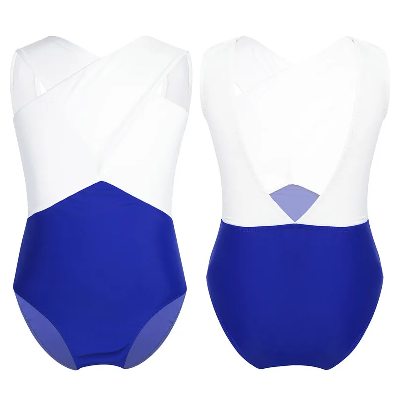 

TiaoBug Kids Girls Dancewear Sleeveless Cross Color Block Gymnastics Leotard Child Competition Performance Ballet Dance Costume