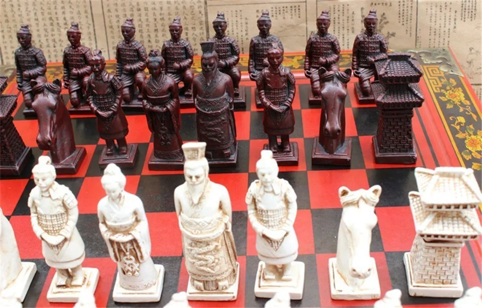 New Wood Chess Chinese Retro Terracotta Warriors Chess Wood Do Old Carving Resin Chessman Oversized Chess Piece Premium Yernea