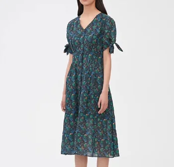 

2020 Summer Women V-neck Midi Dress Print Lace-up Short Sleeve Single-breasted Lady Vintage Dresses Clothes