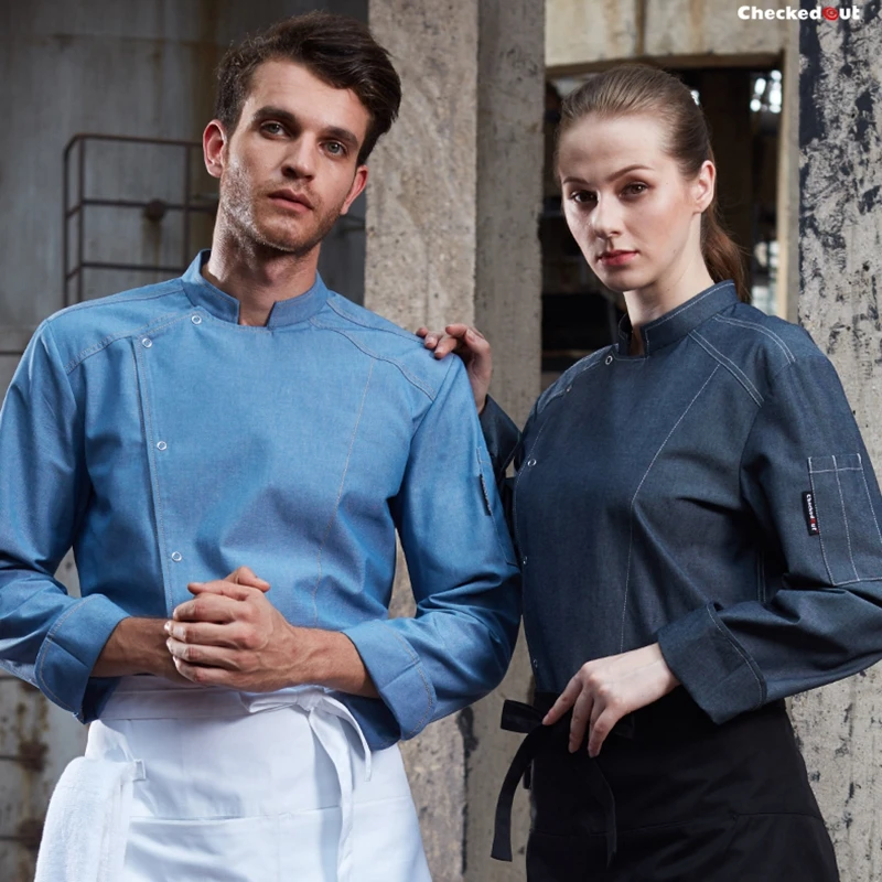 Fashion New Denim Chef Jacket Women Long Sleeve Denim Chef Coat Men