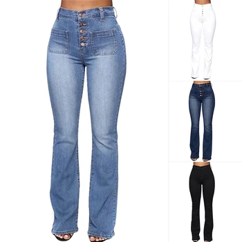 

New Style Washed High Waist Button Boot-cut Jeans Women Casual Long Pants Trousers TY53
