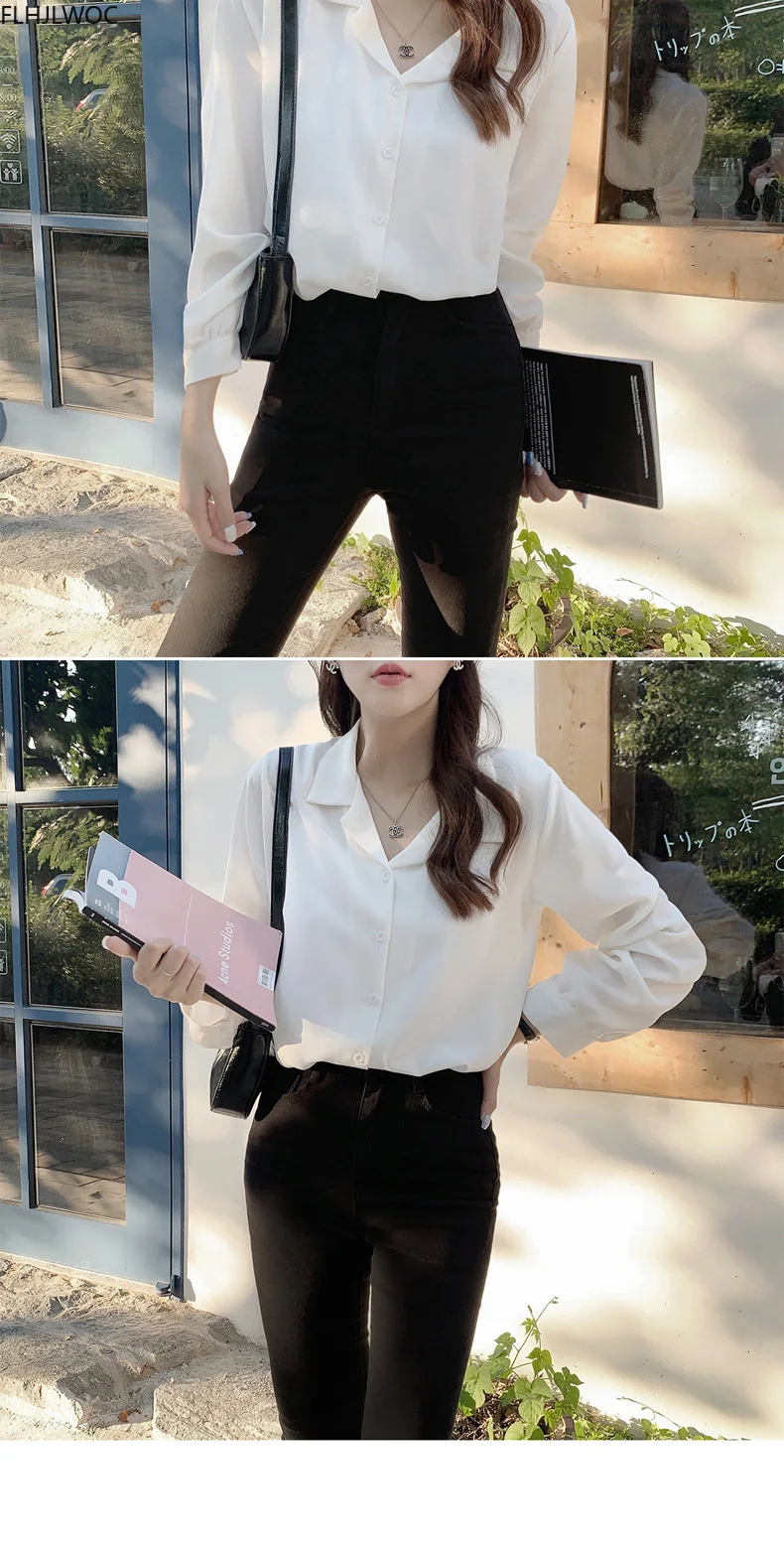 cute blouses White Shirts Long Sleeve Single Breasted Button Elegant Office Lady V Neck Work Blouse Women Chic  Korea Top 7301 sexy blouses for women