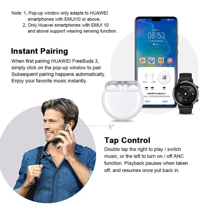 Наушники huawei FreeBuds 3 Kirin A1 Bluetooth 5,1, шумоподавление, глубокий бас, стерео гарнитура с микрофоном, поддержка беспроводного зарядного устройства