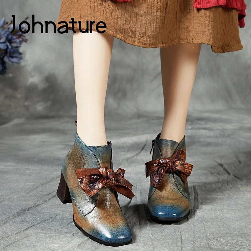 Johnature 2021 New Spring Platform Boots Women Shoes Retro Round Toe Genuine Leather Zip Square Heel Butterfly-knot Ankle | Обувь