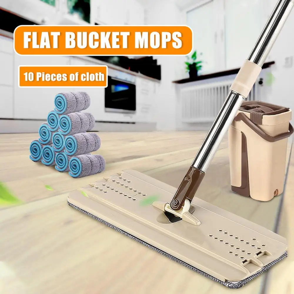 with 10pcs Mop Плоская сжимающаяся половая тряпка прядения с ведром многоразовая микрофибра колодки ткань без рук отжима дома насадки для швабры - Цвет: with 10pcs Mop