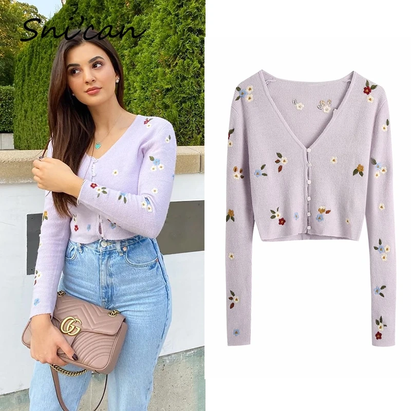 

Snican floral embroidery sweater vintage ladies knitted cardigan femme crop tops fashion autumn winter za 2020 pull femme hiver