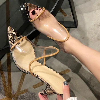

Snake pattern PVC Jelly Slippers Open Toe High Heels Women Transparent Slippers Shoes Clear Sandals Snake skin Thick heel Pumps