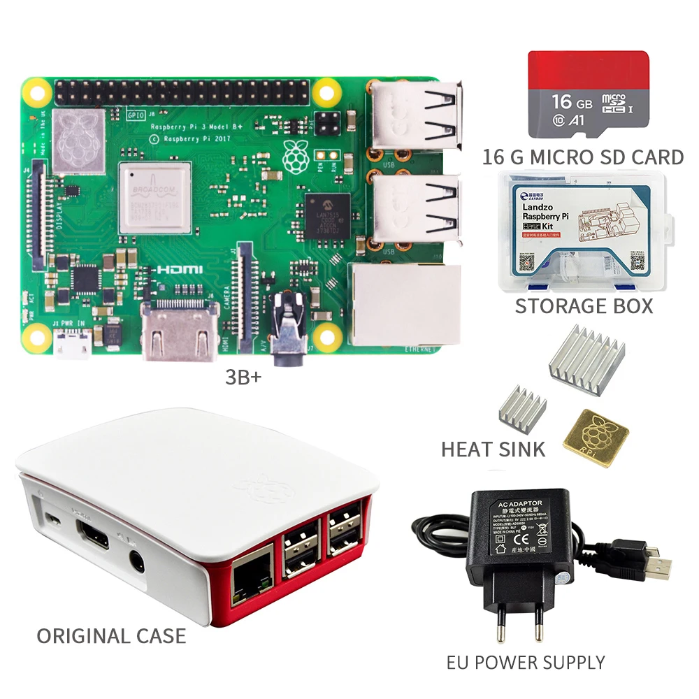 Raspberry Pi 3 Model B+ комплект 16G SD карты+ чехол+ 5 V/2.5A EU/US Питание с кабелем+ теплоотвод