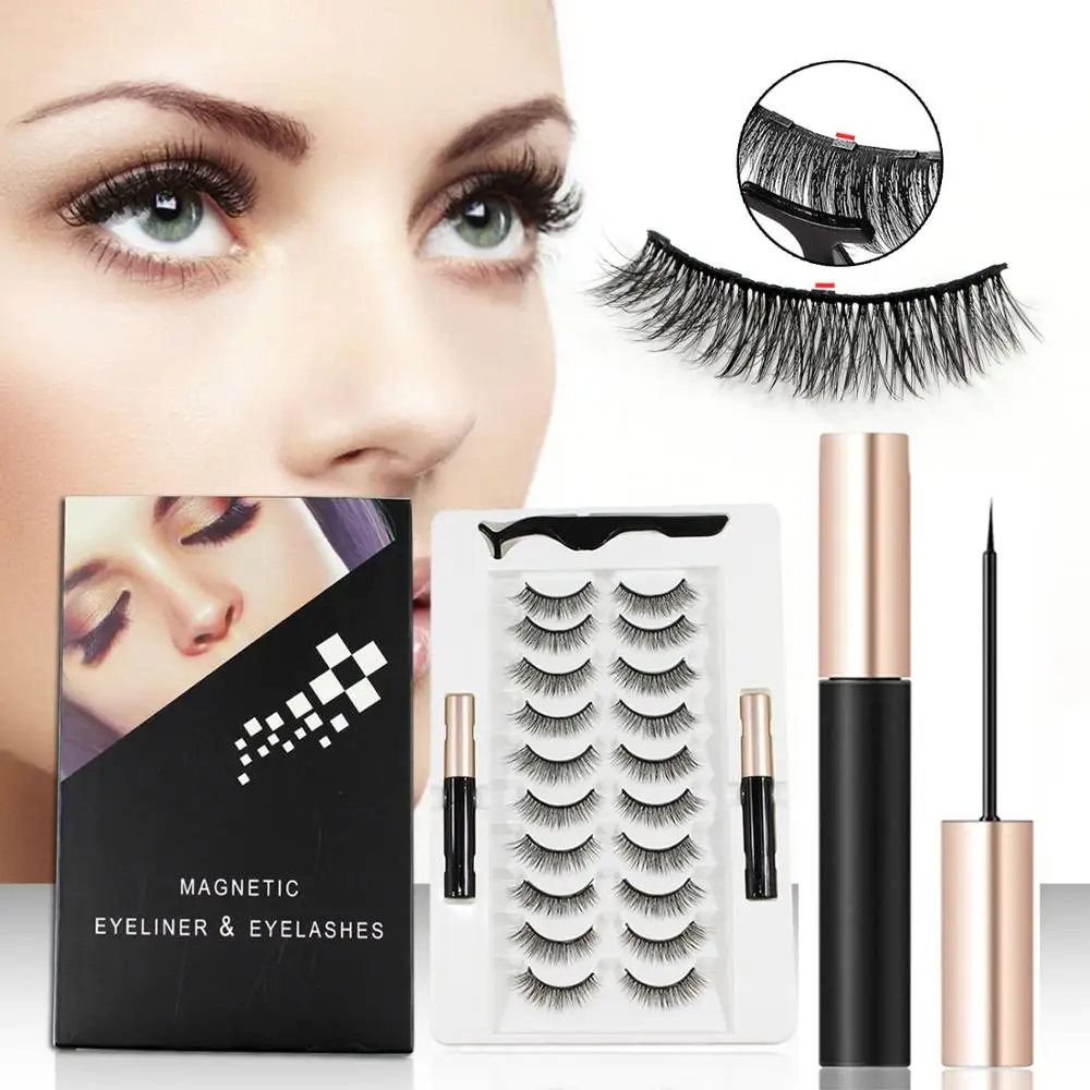

Makeup 5 magnet magnetic eyelashes 10 pairs high quality magnetic eyelashes with Waterproof double eyeliner and tweers set
