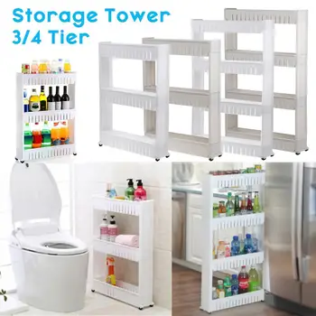 

3/4 Layer Storage Rack with Wheels Kitchen Storage Rack Slim Slide Tower Movable Assemble Plastic Bathroom Shelf Space Saving