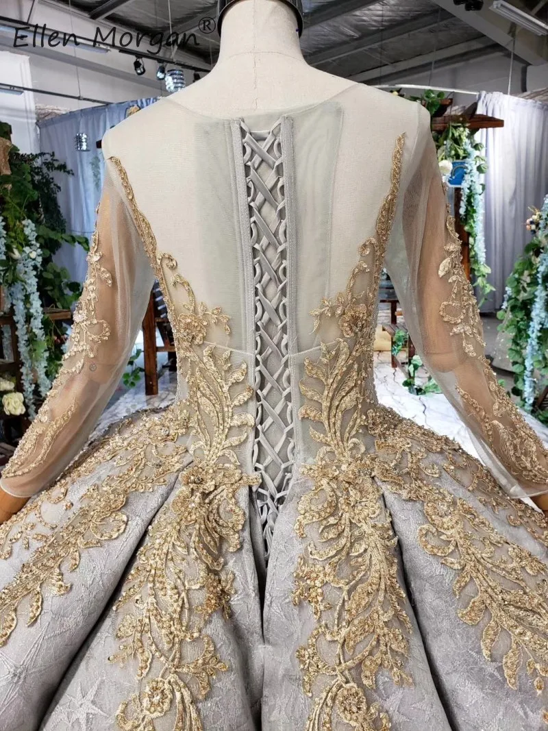 Saidu арабское серое бальное платье, кружевное свадебное платье, роскошное Золотое Платье с аппликацией и длинными рукавами, вырез лодочкой, на шнуровке, с оборками, Vestidos De Novia
