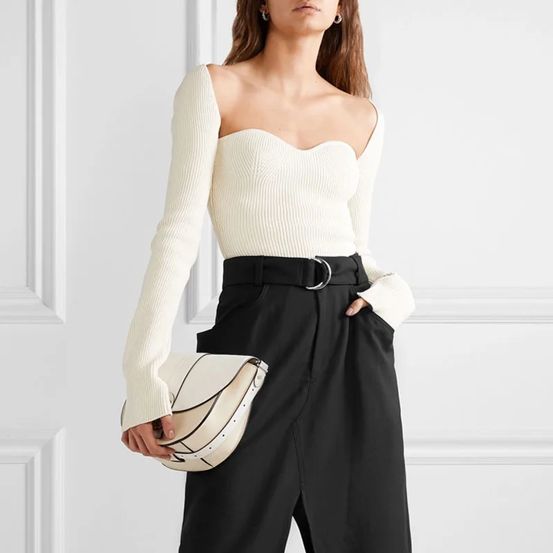 Весна 2020 Новое поступление женские вязаные топы с длинным рукавом белый и черный