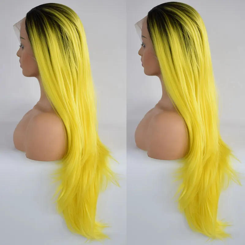 BM Synthetic 13*3 Lace Front Wig Black Roots Ombre Yellow Straight Heat Resistant Fiber Hair Natural Hairline For Women Wigs