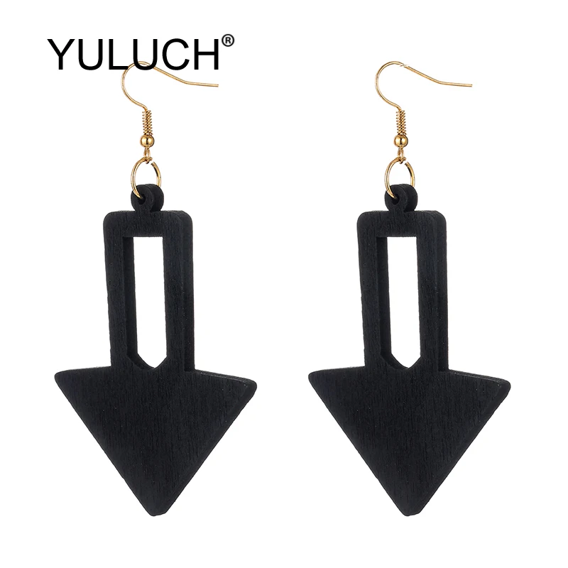 

YULUCH Hyperbole Personality Women Black Natural Hollow Wooden Arrow Indicator Pattern Big Long Pendant Earrings Fashion Jewelry