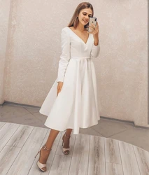 Pukguro Short Wedding Dress  V Neck A Line Long Sleeves Simple Boho Vintage Bridal Gowns V Back Womens Formal Dress  Robe De