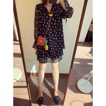 

Dot Print Ruffle Collar Dress Women Casual Lace Up Long Sleeve Loose Mini Dress