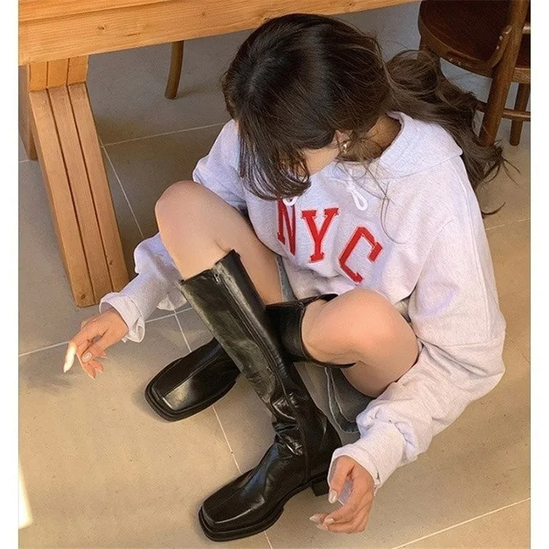 2021 new style square head knee length thick heel boots side zipper high boots