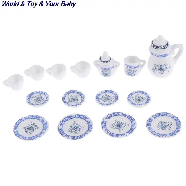 15Pcs 1:12 Miniature Porcelain Tea Cup Set Chintz Flower Tableware Kitchen Dollhouse Furniture Toys For Children 5